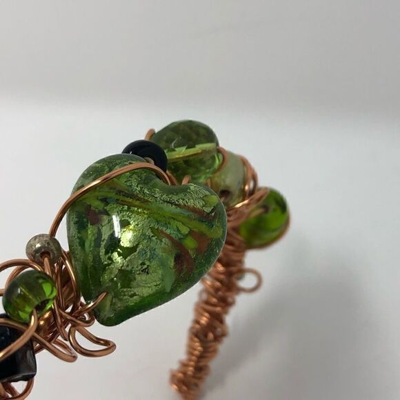 Bracelet Twisted Copper Wire Green Glass Beads - Picture 5 of 7